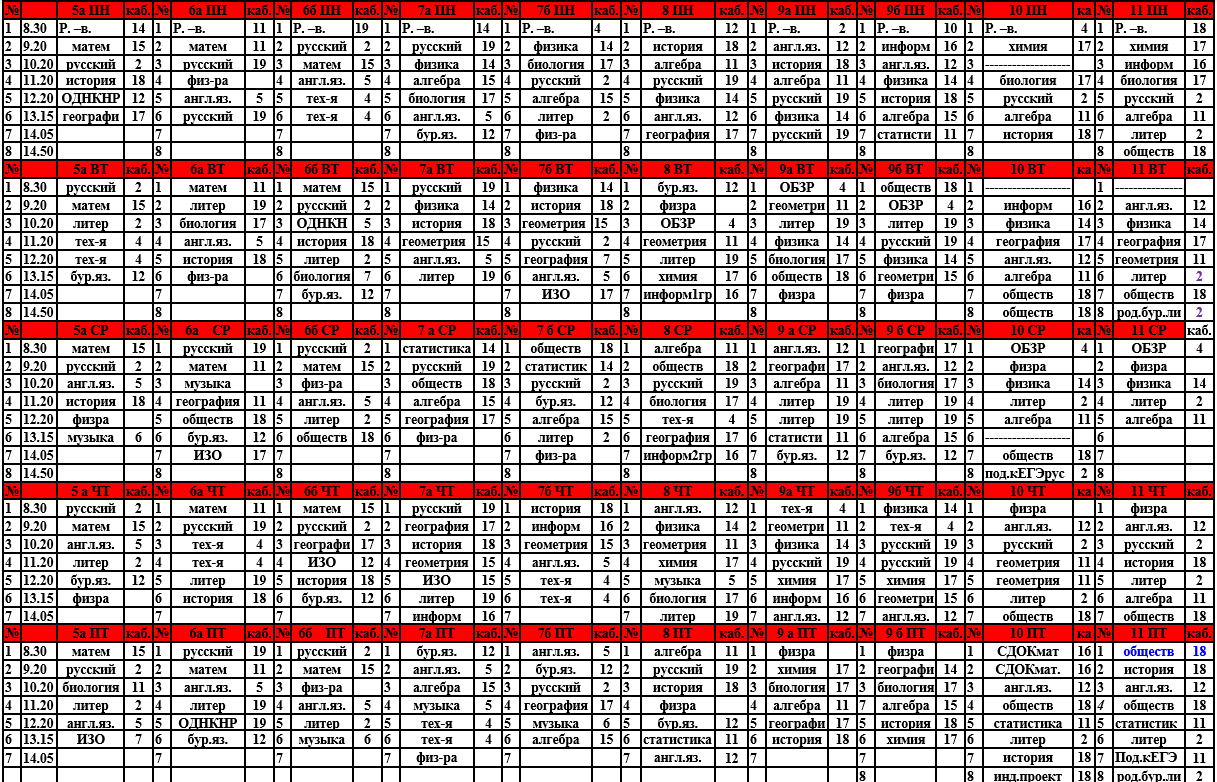 Расписание 5 - 11 классы